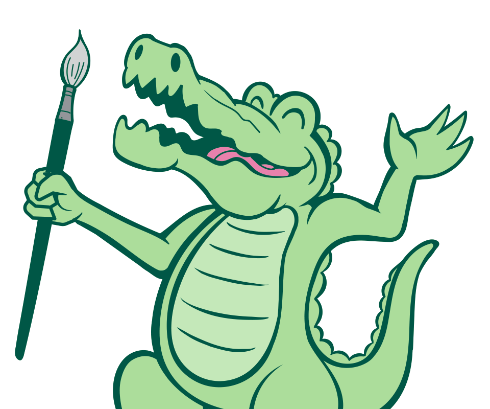 Pottery Bayou animated alligator mascot laughing and holding a large paintbrush