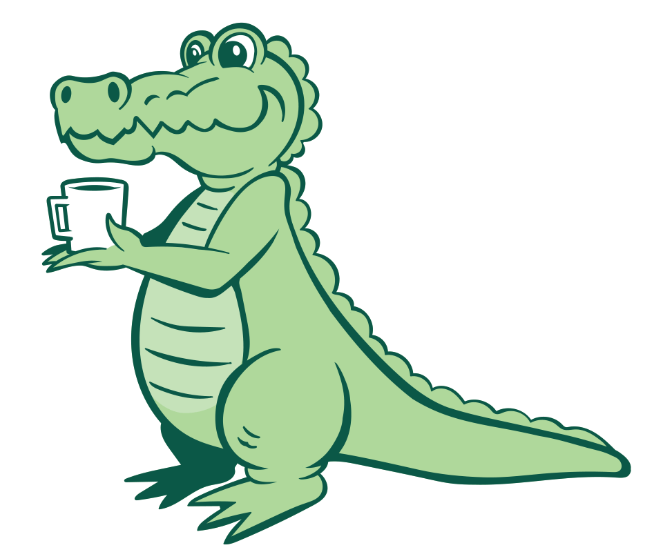 Pottery Bayou animated alligator mascot holding a mug in both hands