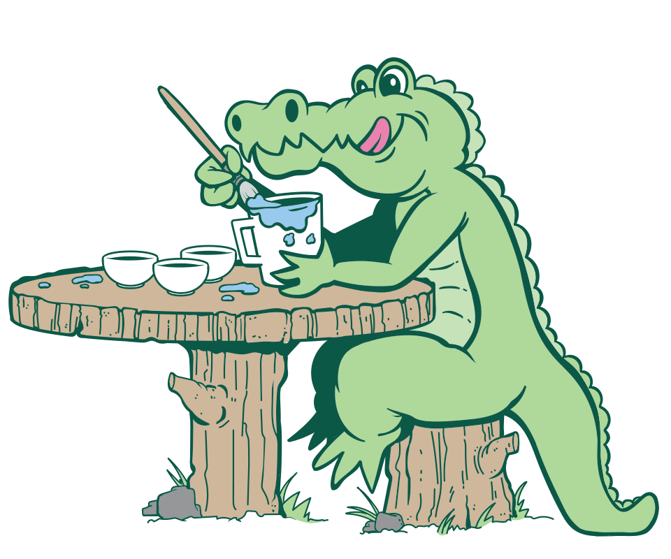 Pottery Bayou animated alligator mascot painting a mug while sitting on a stump at a table